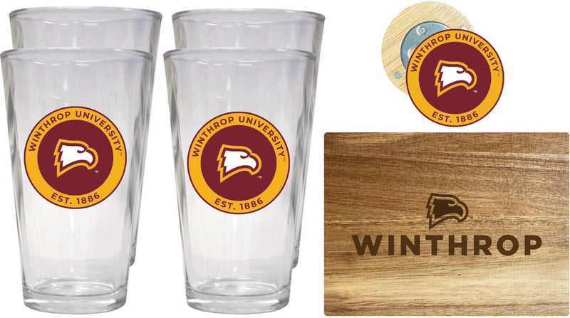 Winthrop University Officially Licensed Kitchen Gift Pack - Engraved Wood Cutting Board, 4 Pint Glasses & Magnetic Bottle Opener