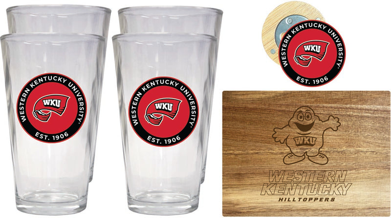 Western Kentucky Hilltoppers Officially Licensed Kitchen Gift Pack - Engraved Wood Cutting Board, 4 Pint Glasses & Magnetic Bottle Opener