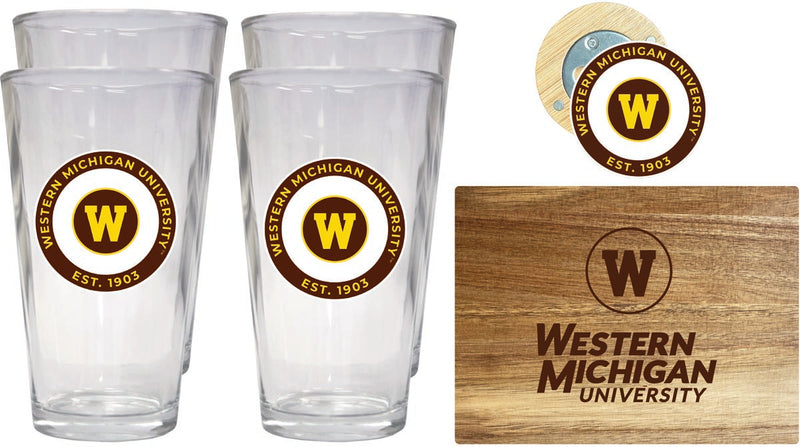 Western Michigan University Officially Licensed Kitchen Gift Pack - Engraved Wood Cutting Board, 4 Pint Glasses & Magnetic Bottle Opener