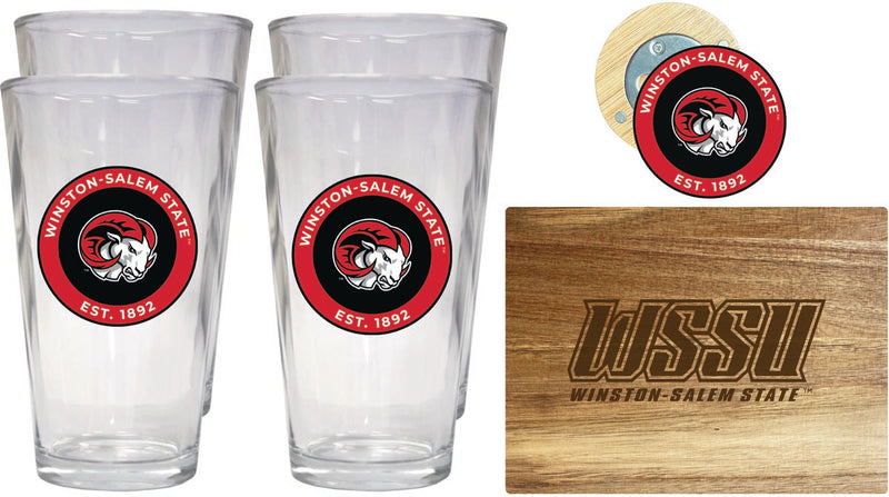 Winston-Salem State Officially Licensed Kitchen Gift Pack - Engraved Wood Cutting Board, 4 Pint Glasses & Magnetic Bottle Opener