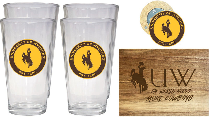 University of Wyoming Officially Licensed Kitchen Gift Pack - Engraved Wood Cutting Board, 4 Pint Glasses & Magnetic Bottle Opener