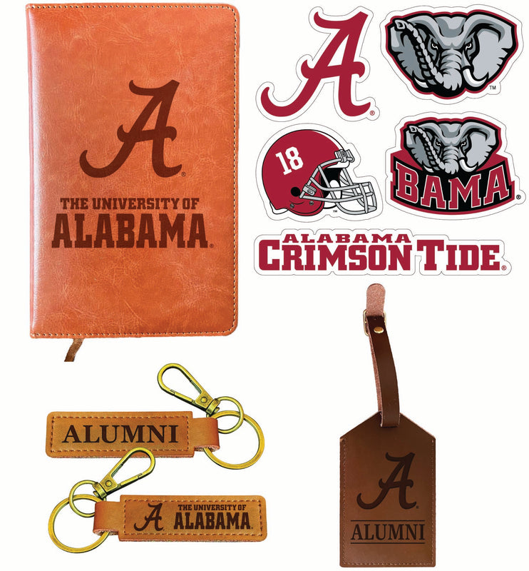 Alabama Crimson Tide Officially Licensed College Graduation Gift Set – Engraved Leather Journal, Leather Alumni Keychain, Luggage Tag & 5-Pack Stickers