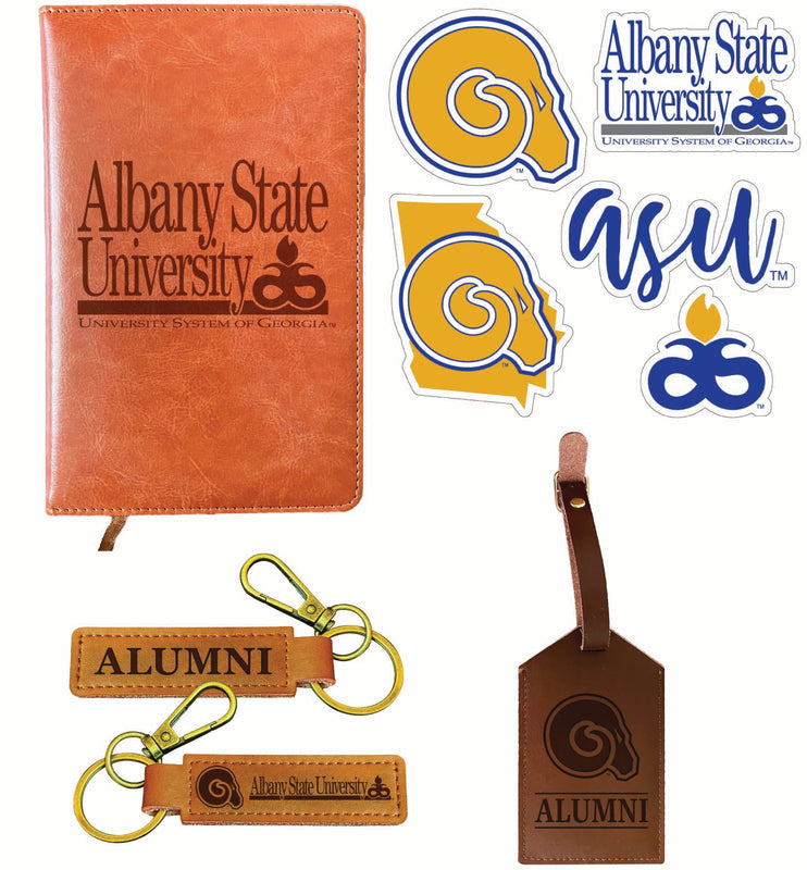 Albany State University Officially Licensed College Graduation Gift Set – Engraved Leather Journal, Leather Alumni Keychain, Luggage Tag & 5-Pack Stickers