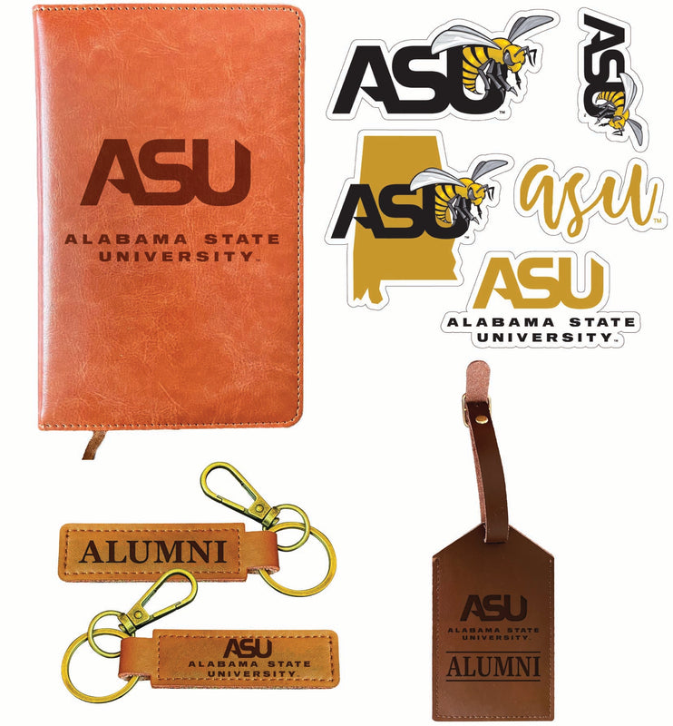 Alabama State University Officially Licensed College Graduation Gift Set – Engraved Leather Journal, Leather Alumni Keychain, Luggage Tag & 5-Pack Stickers
