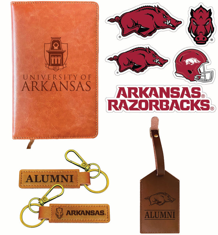 Arkansas Razorbacks Officially Licensed College Graduation Gift Set – Engraved Leather Journal, Leather Alumni Keychain, Luggage Tag & 5-Pack Stickers