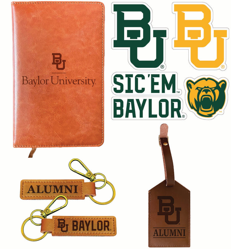 Baylor Bears Officially Licensed College Graduation Gift Set – Engraved Leather Journal, Leather Alumni Keychain, Luggage Tag & 5-Pack Stickers