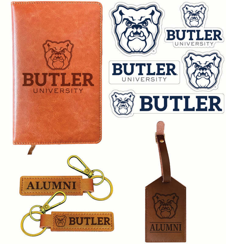 Butler Bulldogs Officially Licensed College Graduation Gift Set – Engraved Leather Journal, Leather Alumni Keychain, Luggage Tag & 5-Pack Stickers