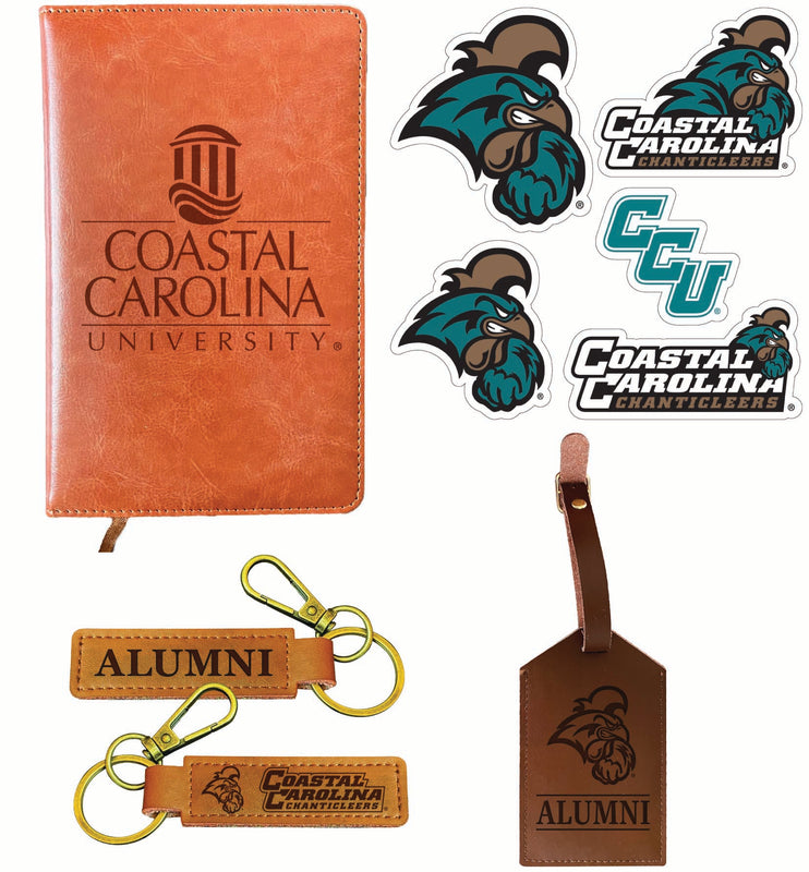 Coastal Carolina University Officially Licensed College Graduation Gift Set – Engraved Leather Journal, Leather Alumni Keychain, Luggage Tag & 5-Pack Stickers