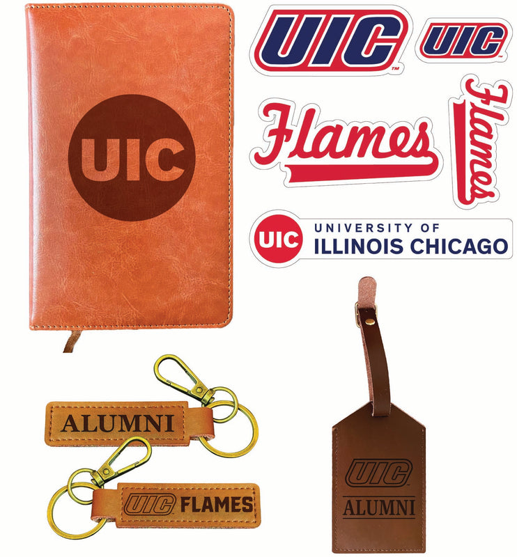 University of Illinois at Chicago Officially Licensed College Graduation Gift Set – Engraved Leather Journal, Leather Alumni Keychain, Luggage Tag & 5-Pack Stickers