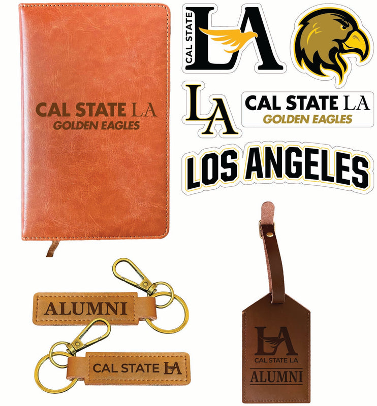 California State University Los Angeles Officially Licensed College Graduation Gift Set – Engraved Leather Journal, Leather Alumni Keychain, Luggage Tag & 5-Pack Stickers