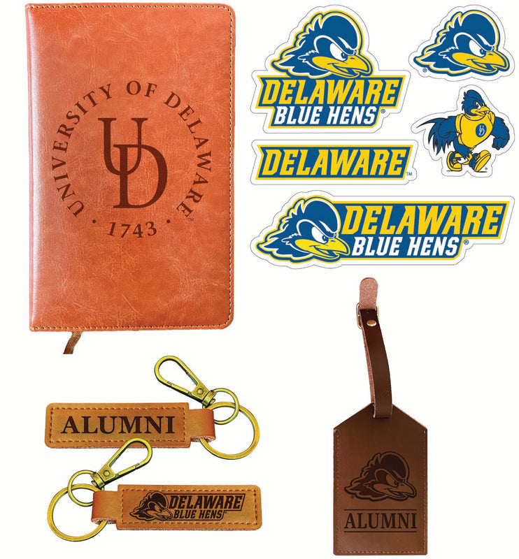 Delaware Blue Hens Officially Licensed College Graduation Gift Set – Engraved Leather Journal, Leather Alumni Keychain, Luggage Tag & 5-Pack Stickers
