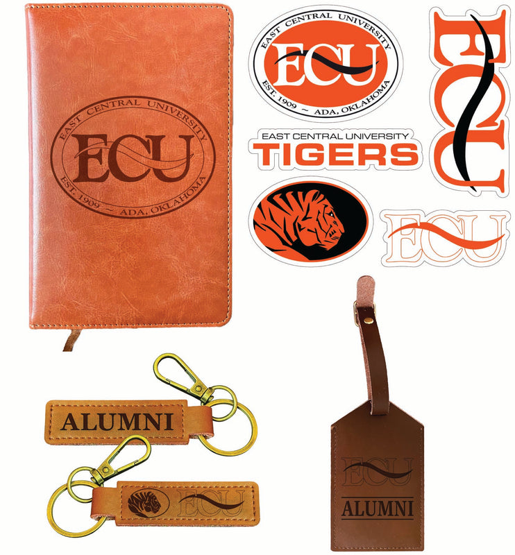 East Central University Tigers Officially Licensed College Graduation Gift Set – Engraved Leather Journal, Leather Alumni Keychain, Luggage Tag & 5-Pack Stickers