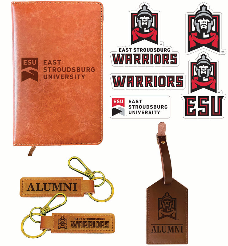 East Stroudsburg University Officially Licensed College Graduation Gift Set – Engraved Leather Journal, Leather Alumni Keychain, Luggage Tag & 5-Pack Stickers