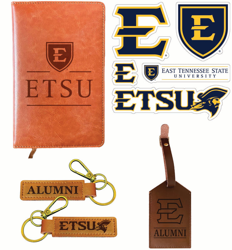East Tennessee State University Officially Licensed College Graduation Gift Set – Engraved Leather Journal, Leather Alumni Keychain, Luggage Tag & 5-Pack Stickers