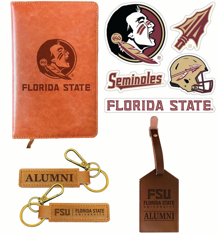 Florida State Seminoles Officially Licensed College Graduation Gift Set – Engraved Leather Journal, Leather Alumni Keychain, Luggage Tag & 5-Pack Stickers