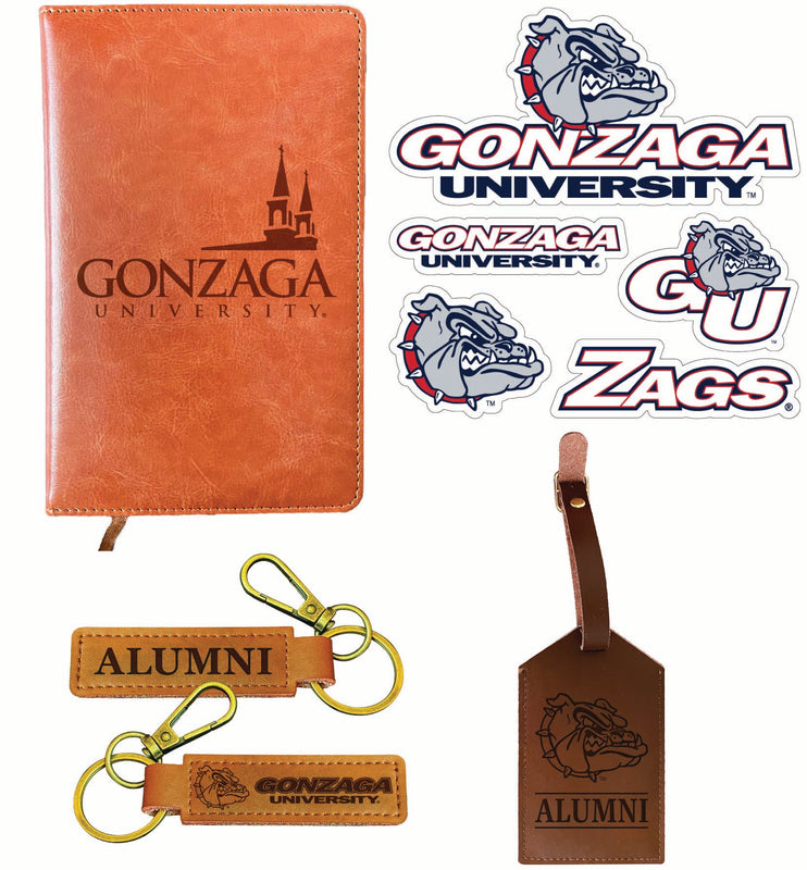 Gonzaga Bulldogs Officially Licensed College Graduation Gift Set – Engraved Leather Journal, Leather Alumni Keychain, Luggage Tag & 5-Pack Stickers
