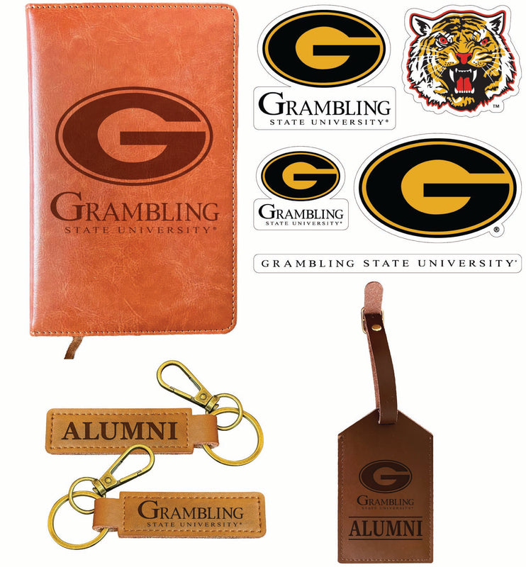 Grambling State Tigers Officially Licensed College Graduation Gift Set – Engraved Leather Journal, Leather Alumni Keychain, Luggage Tag & 5-Pack Stickers