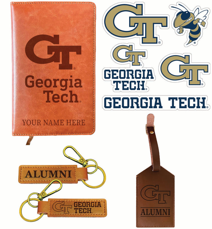 Georgia Tech Yellow Jackets Officially Licensed College Graduation Gift Set – Engraved Leather Journal, Leather Alumni Keychain, Luggage Tag & 5-Pack Stickers