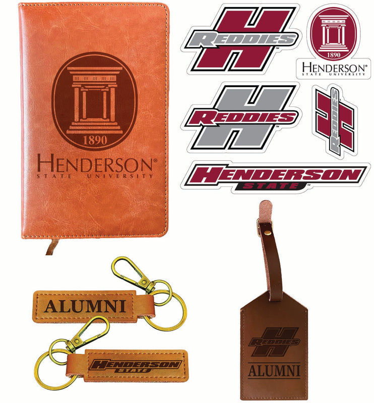 Henderson State Reddies Officially Licensed College Graduation Gift Set – Engraved Leather Journal, Leather Alumni Keychain, Luggage Tag & 5-Pack Stickers