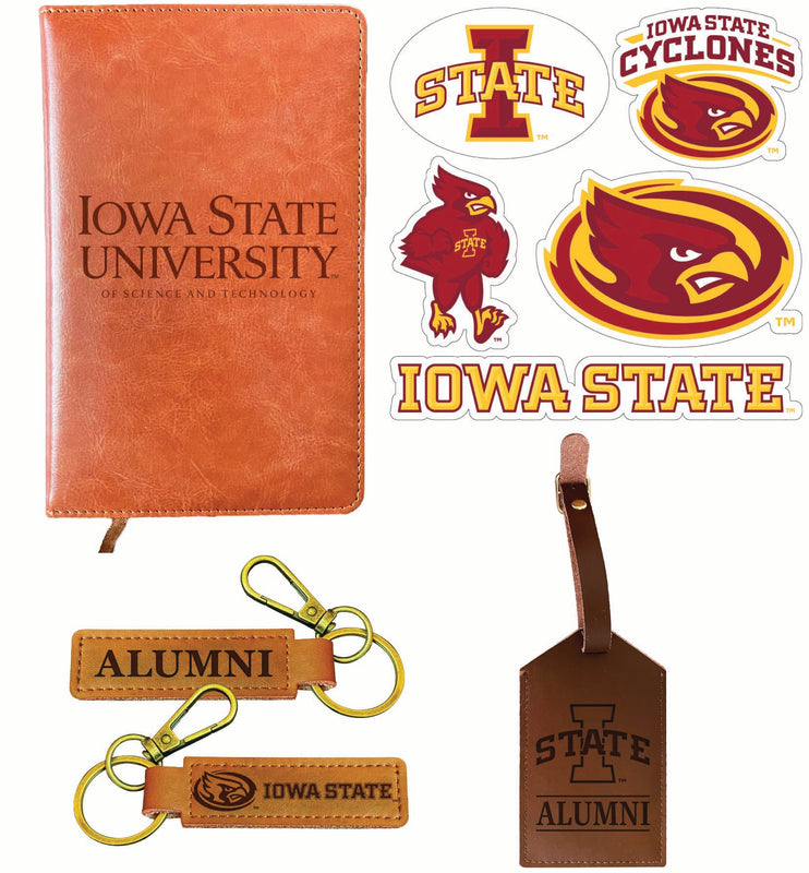 Iowa State Cyclones Officially Licensed College Graduation Gift Set – Engraved Leather Journal, Leather Alumni Keychain, Luggage Tag & 5-Pack Stickers