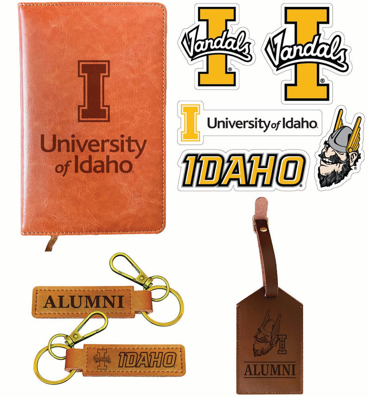 Idaho Vandals Officially Licensed College Graduation Gift Set – Engraved Leather Journal, Leather Alumni Keychain, Luggage Tag & 5-Pack Stickers