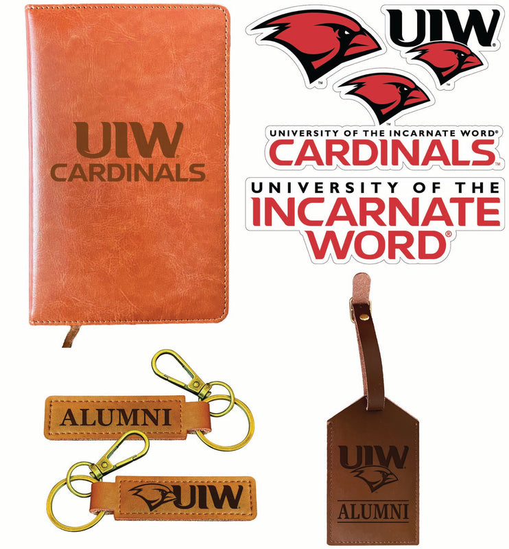 Incarnate Word Cardinals Officially Licensed College Graduation Gift Set – Engraved Leather Journal, Leather Alumni Keychain, Luggage Tag & 5-Pack Stickers