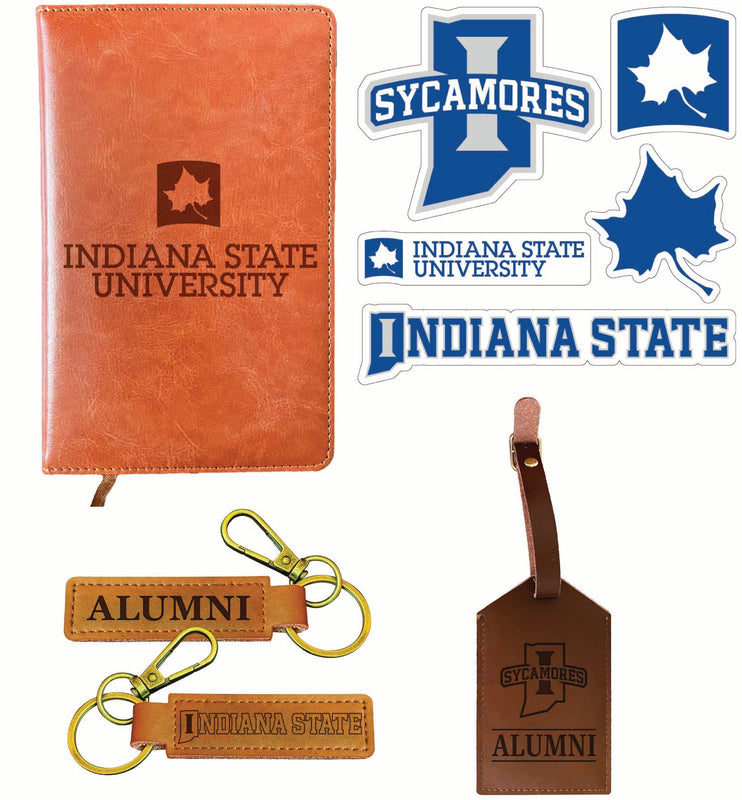 Indiana State University Officially Licensed College Graduation Gift Set – Engraved Leather Journal, Leather Alumni Keychain, Luggage Tag & 5-Pack Stickers