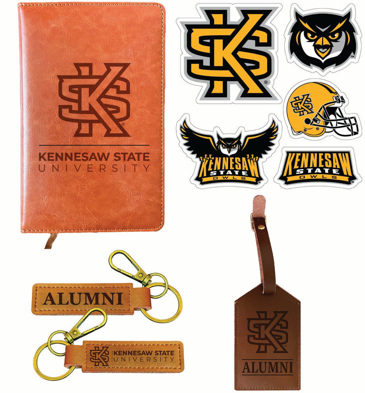 Kennesaw State University Officially Licensed College Graduation Gift Set – Engraved Leather Journal, Leather Alumni Keychain, Luggage Tag & 5-Pack Stickers