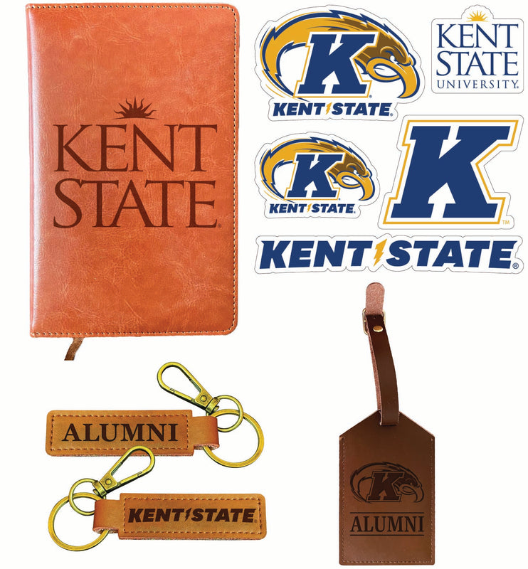 Kent State University Officially Licensed College Graduation Gift Set – Engraved Leather Journal, Leather Alumni Keychain, Luggage Tag & 5-Pack Stickers