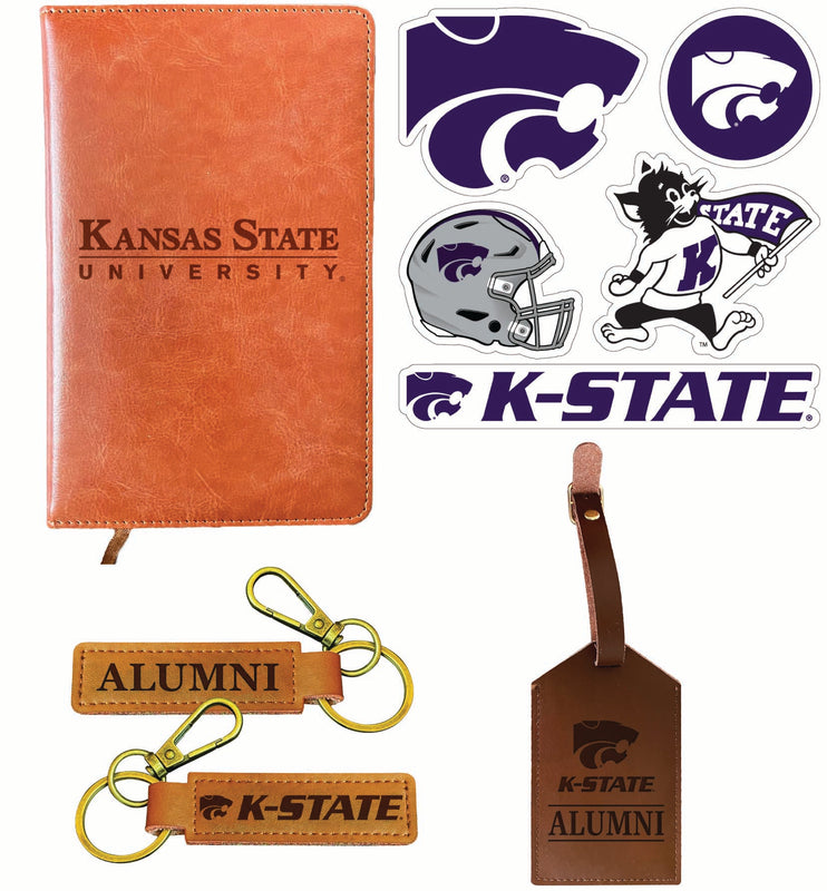 Kansas State Wildcats Officially Licensed College Graduation Gift Set – Engraved Leather Journal, Leather Alumni Keychain, Luggage Tag & 5-Pack Stickers