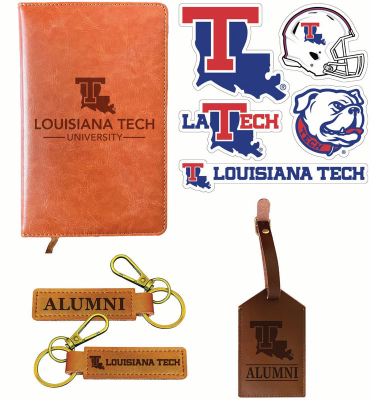 Louisiana Tech Bulldogs Officially Licensed College Graduation Gift Set – Engraved Leather Journal, Leather Alumni Keychain, Luggage Tag & 5-Pack Stickers