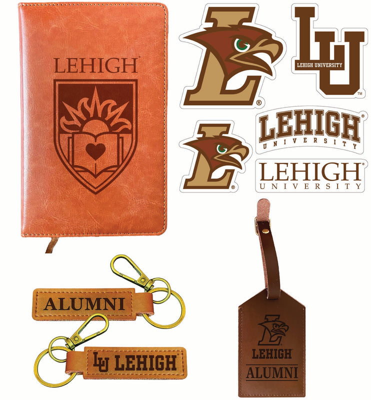Lehigh University Mountain Hawks Officially Licensed College Graduation Gift Set – Engraved Leather Journal, Leather Alumni Keychain, Luggage Tag & 5-Pack Stickers