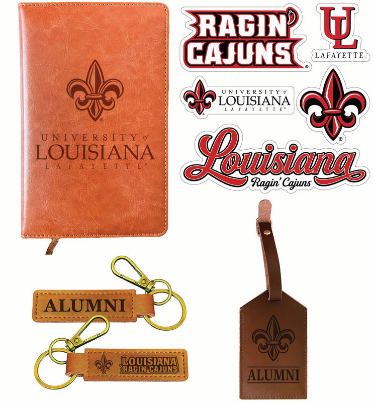 Louisiana at Lafayette Officially Licensed College Graduation Gift Set – Engraved Leather Journal, Leather Alumni Keychain, Luggage Tag & 5-Pack Stickers
