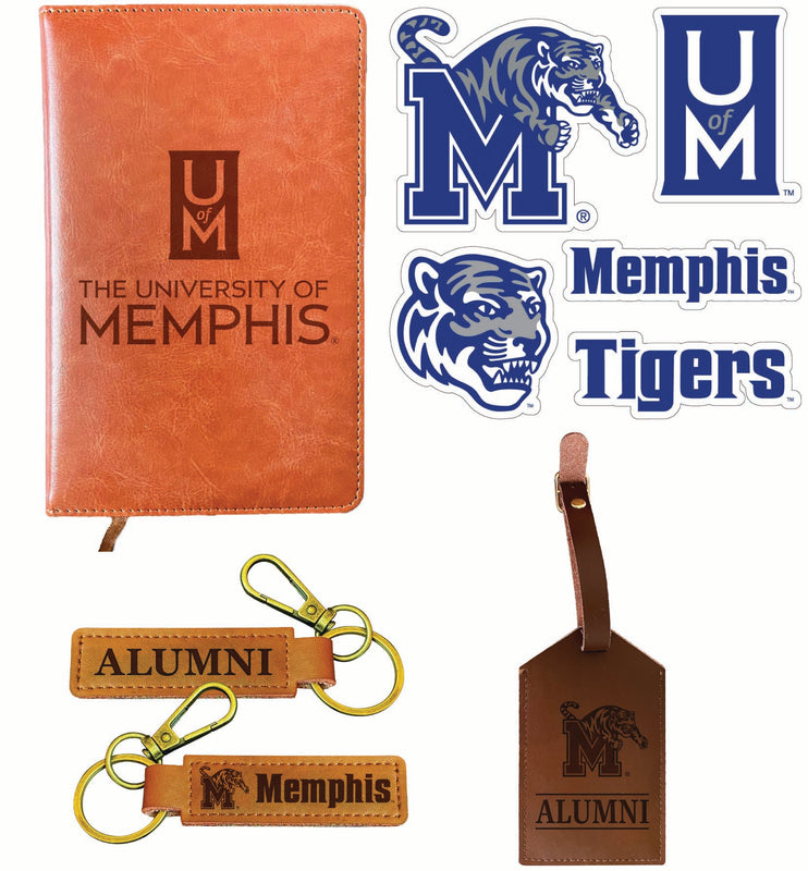 Memphis Tigers Officially Licensed College Graduation Gift Set – Engraved Leather Journal, Leather Alumni Keychain, Luggage Tag & 5-Pack Stickers