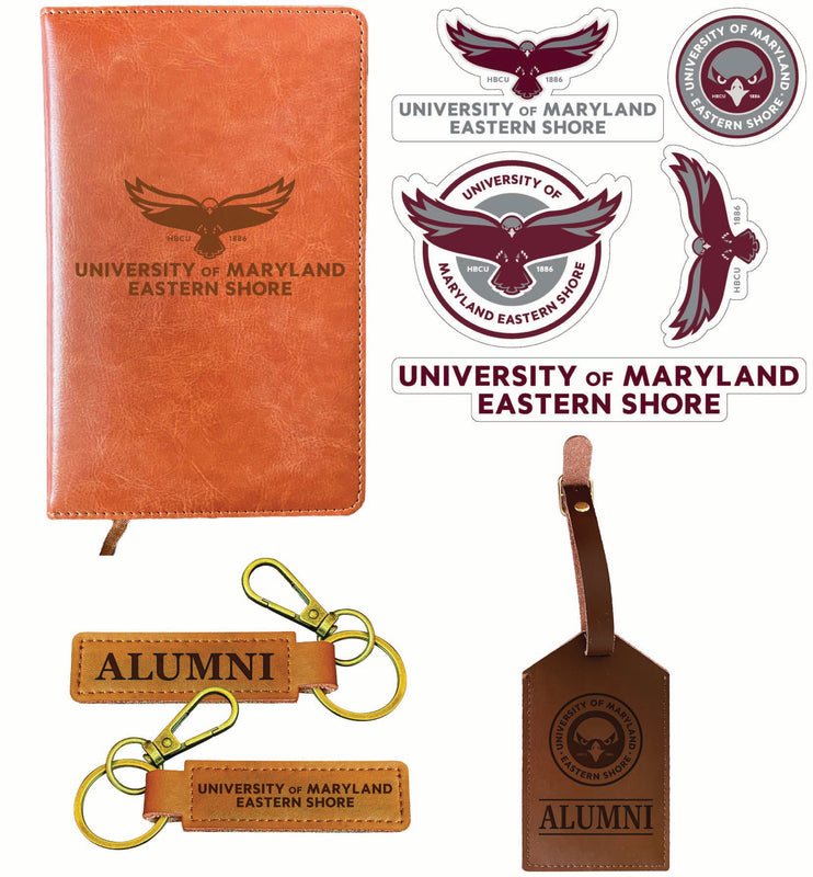 Maryland Eastern Shore Officially Licensed College Graduation Gift Set – Engraved Leather Journal, Leather Alumni Keychain, Luggage Tag & 5-Pack Stickers