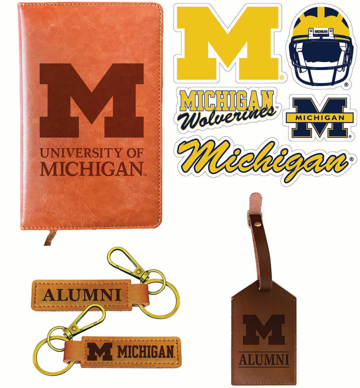 Michigan Wolverines Officially Licensed College Graduation Gift Set – Engraved Leather Journal, Leather Alumni Keychain, Luggage Tag & 5-Pack Stickers