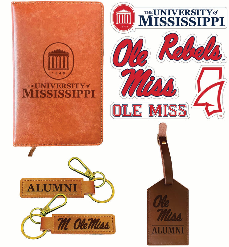 Mississippi Rebels "Ole Miss" Officially Licensed College Graduation Gift Set – Engraved Leather Journal, Leather Alumni Keychain, Luggage Tag & 5-Pack Stickers
