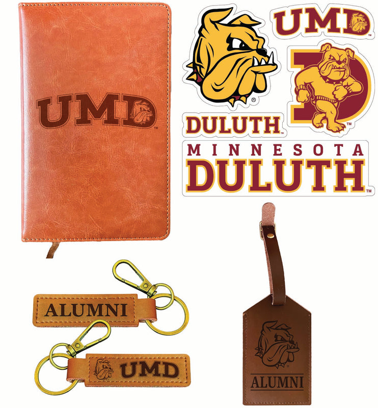 Minnesota Duluth Bulldogs Officially Licensed College Graduation Gift Set – Engraved Leather Journal, Leather Alumni Keychain, Luggage Tag & 5-Pack Stickers