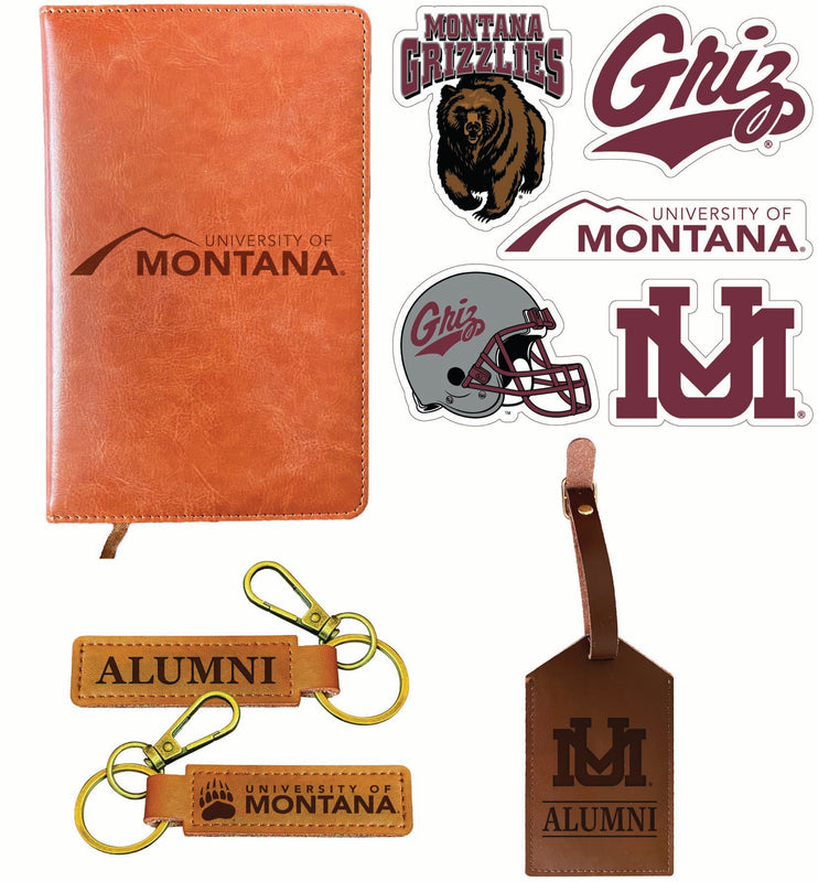 Montana University Officially Licensed College Graduation Gift Set – Engraved Leather Journal, Leather Alumni Keychain, Luggage Tag & 5-Pack Stickers