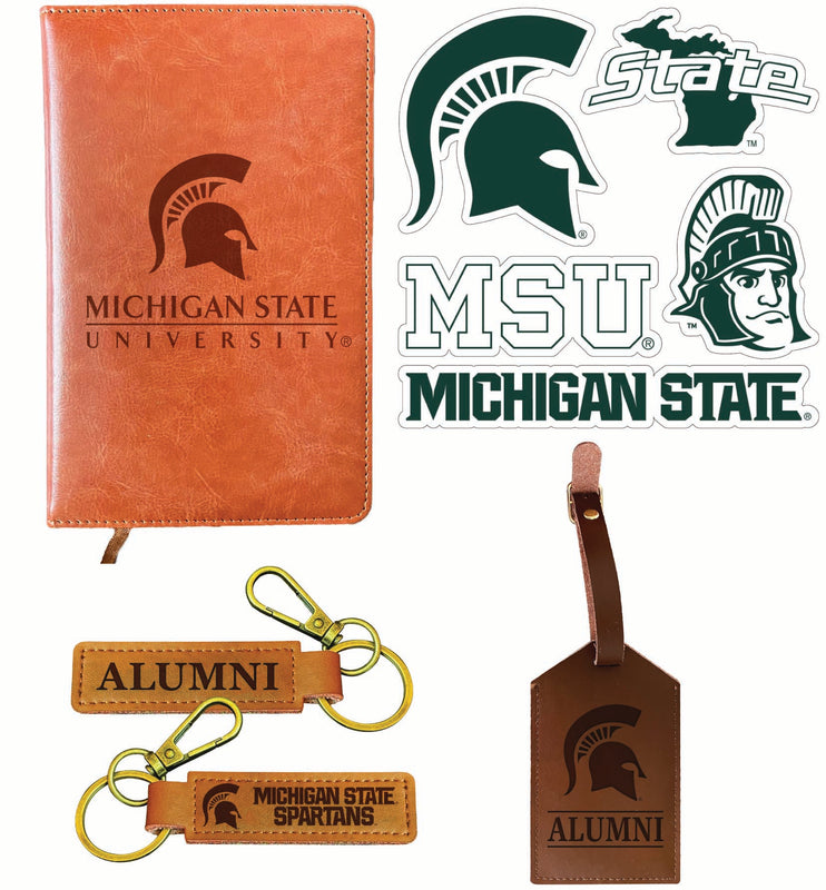 Michigan State Spartans Officially Licensed College Graduation Gift Set – Engraved Leather Journal, Leather Alumni Keychain, Luggage Tag & 5-Pack Stickers