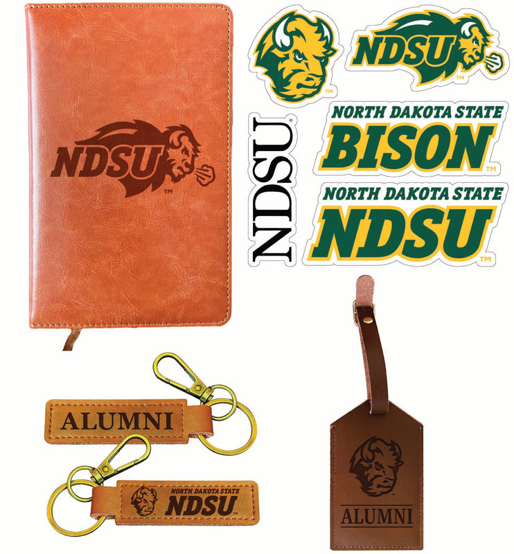 North Dakota State Bison Officially Licensed College Graduation Gift Set – Engraved Leather Journal, Leather Alumni Keychain, Luggage Tag & 5-Pack Stickers