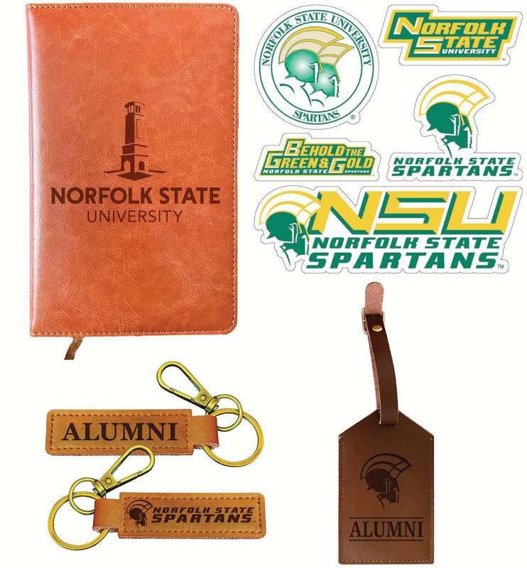 Norfolk State University Officially Licensed College Graduation Gift Set – Engraved Leather Journal, Leather Alumni Keychain, Luggage Tag & 5-Pack Stickers
