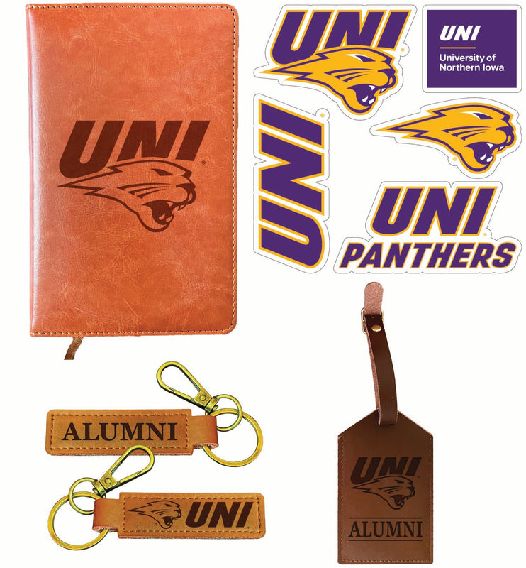 Northern Iowa Panthers Officially Licensed College Graduation Gift Set – Engraved Leather Journal, Leather Alumni Keychain, Luggage Tag & 5-Pack Stickers