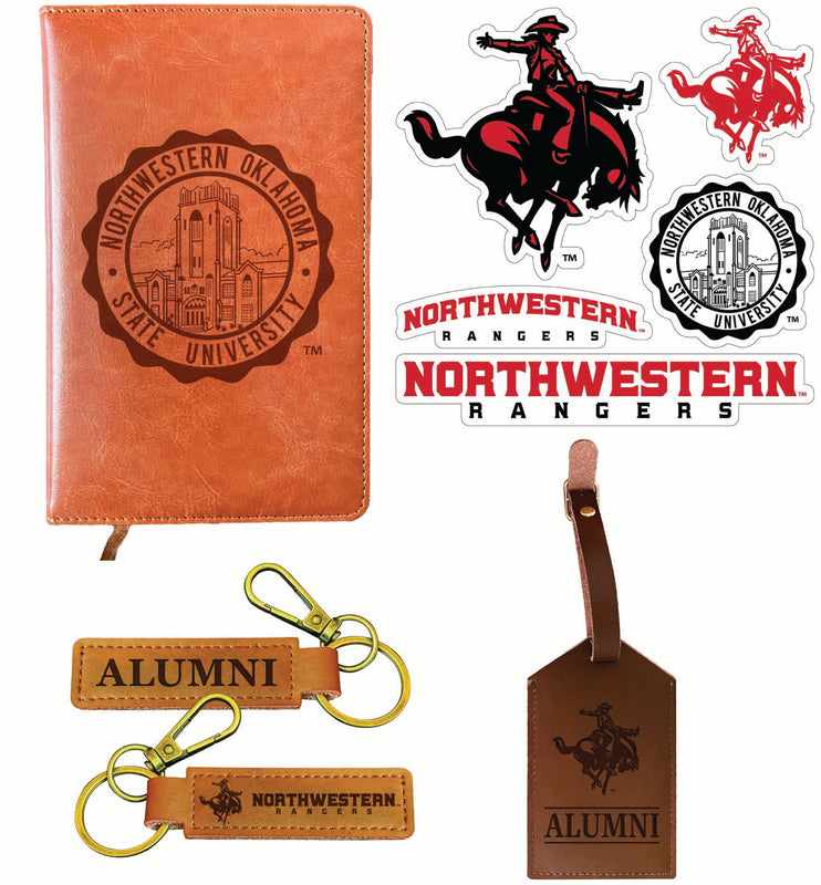 Northwestern Oklahoma State University Officially Licensed College Graduation Gift Set – Engraved Leather Journal, Leather Alumni Keychain, Luggage Tag & 5-Pack Stickers