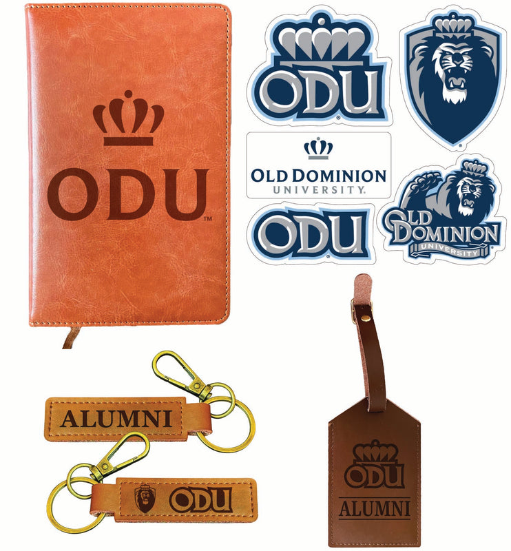Old Dominion Monarchs Officially Licensed College Graduation Gift Set – Engraved Leather Journal, Leather Alumni Keychain, Luggage Tag & 5-Pack Stickers