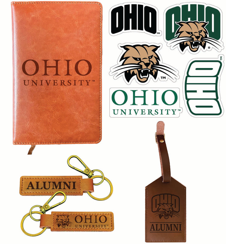 Ohio University Officially Licensed College Graduation Gift Set – Engraved Leather Journal, Leather Alumni Keychain, Luggage Tag & 5-Pack Stickers