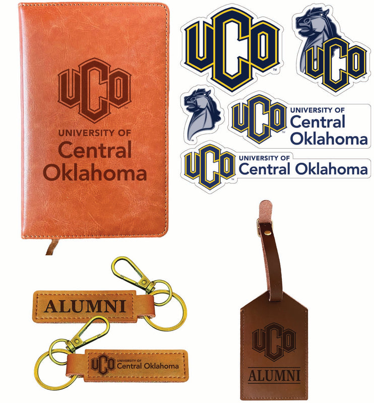 University of Central Oklahoma Bronchos Officially Licensed College Graduation Gift Set – Engraved Leather Journal, Leather Alumni Keychain, Luggage Tag & 5-Pack Stickers
