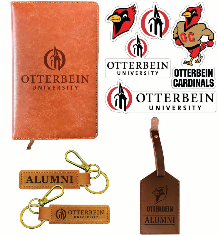 Otterbein University Officially Licensed College Graduation Gift Set – Engraved Leather Journal, Leather Alumni Keychain, Luggage Tag & 5-Pack Stickers