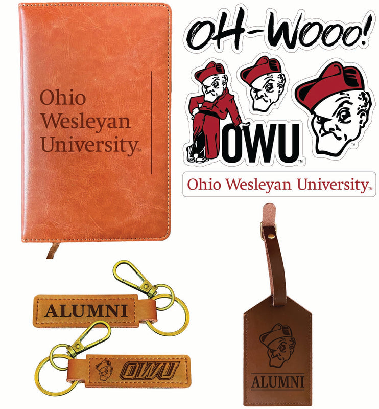Ohio Wesleyan University Officially Licensed College Graduation Gift Set – Engraved Leather Journal, Leather Alumni Keychain, Luggage Tag & 5-Pack Stickers