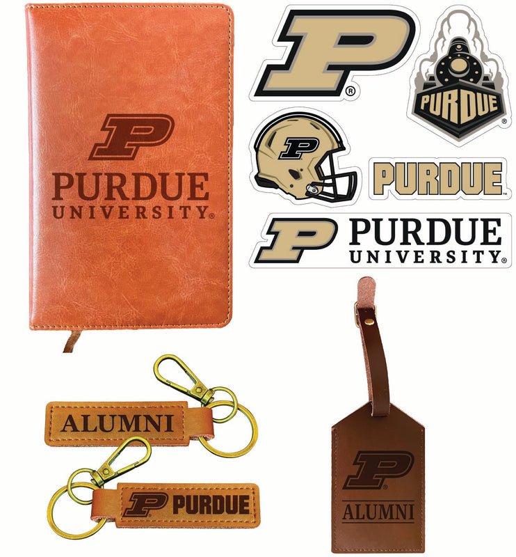 Purdue Boilermakers Officially Licensed College Graduation Gift Set – Engraved Leather Journal, Leather Alumni Keychain, Luggage Tag & 5-Pack Stickers